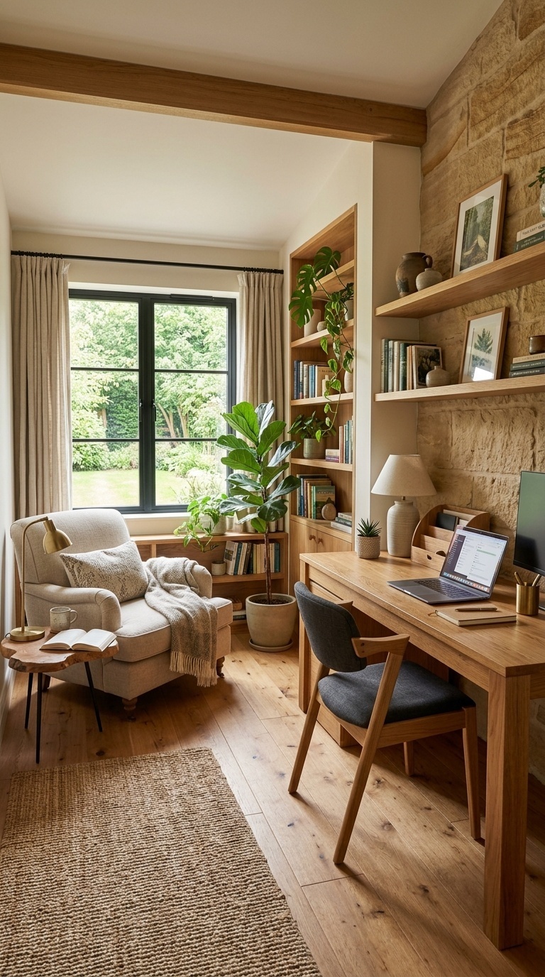 Cozy Home Office Ideas with Natural Wood & Plants