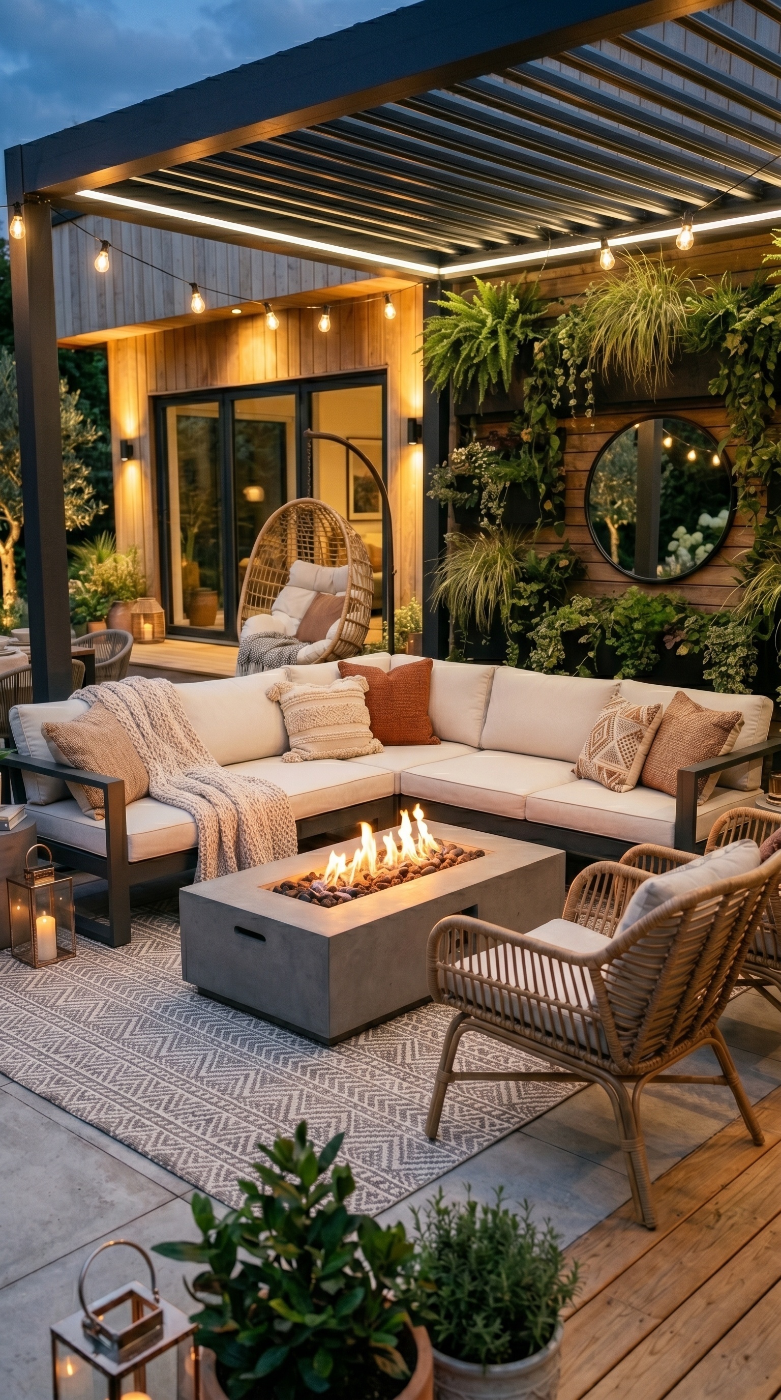 Modern Cozy Backyard Patio Ideas With Fire Pit & Lighting