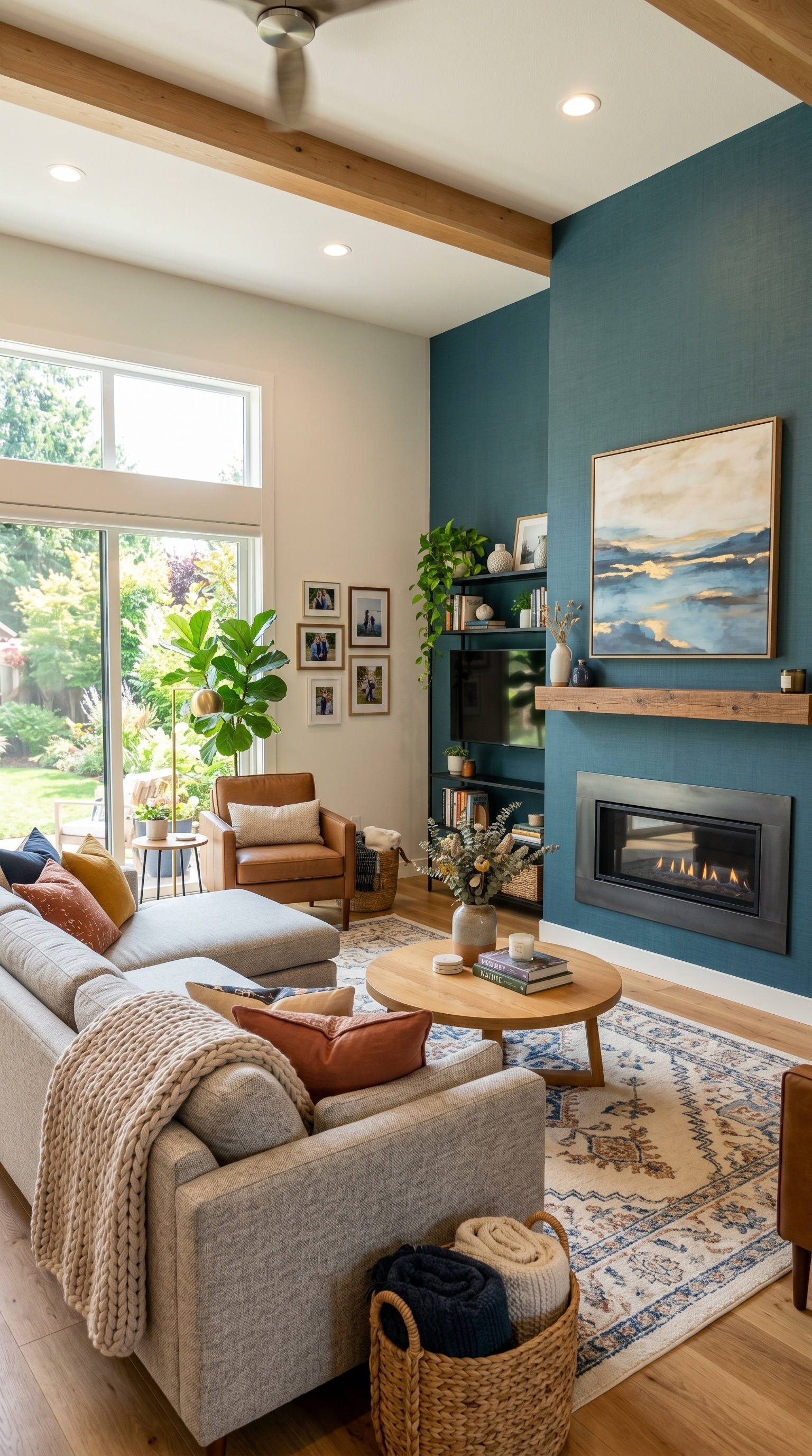 Cozy Modern Living Room Ideas with Blue Accent Wall & Fireplace