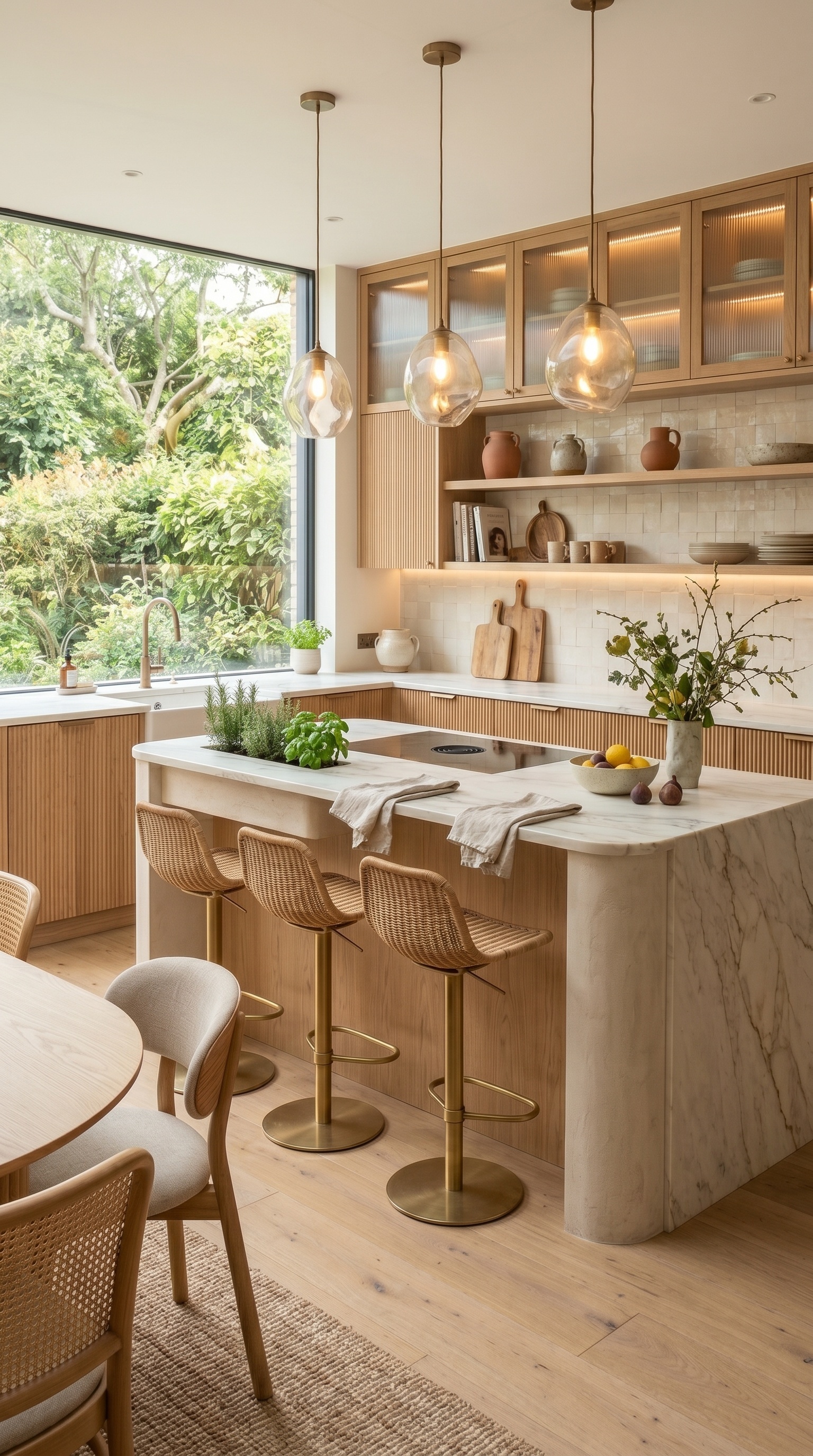 Warm Organic Modern Kitchen Furniture Ideas with Marble Island and Woven Bar Stools