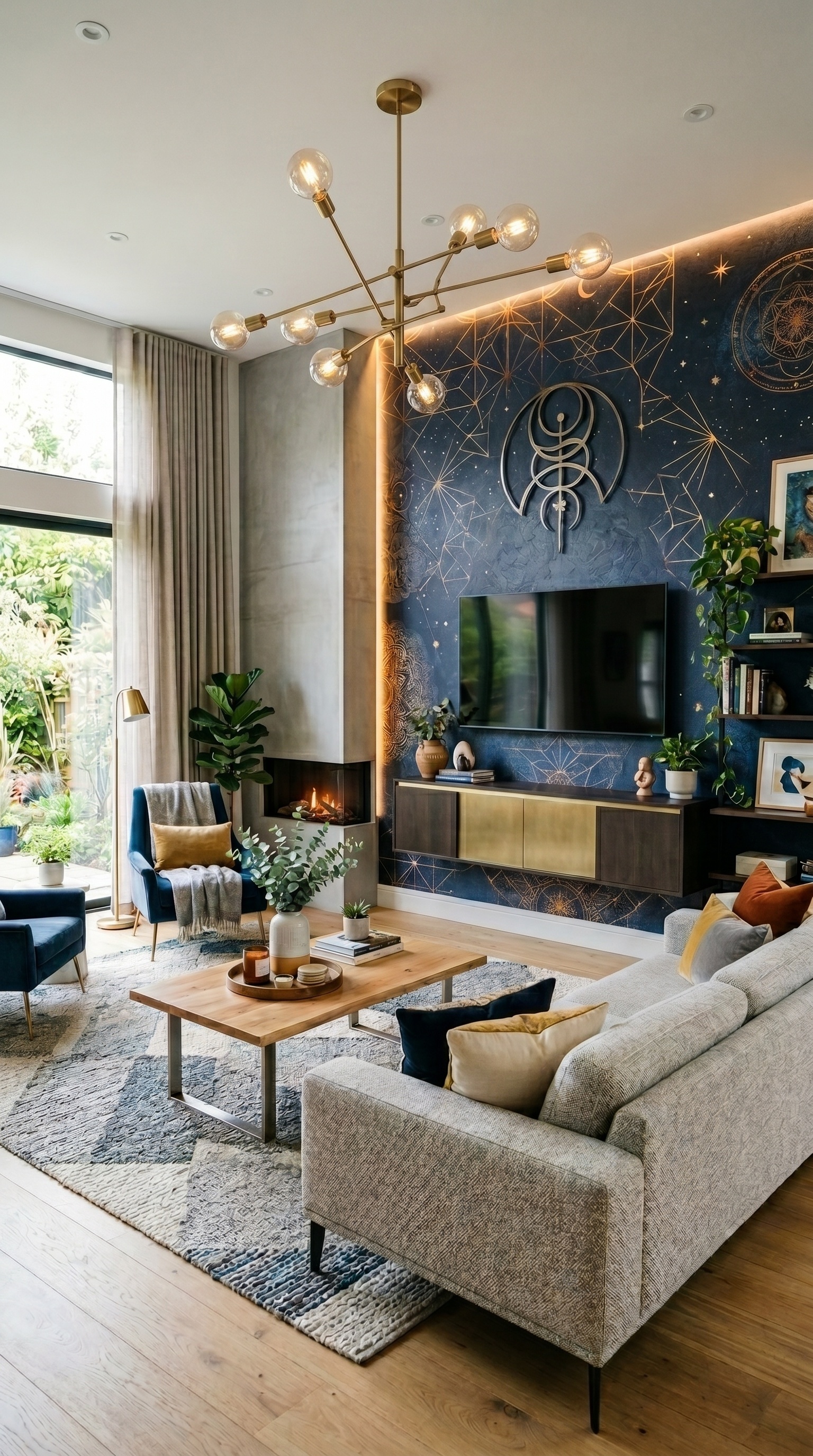 Moody Luxury Living Room Decor with Navy & Gold Accents