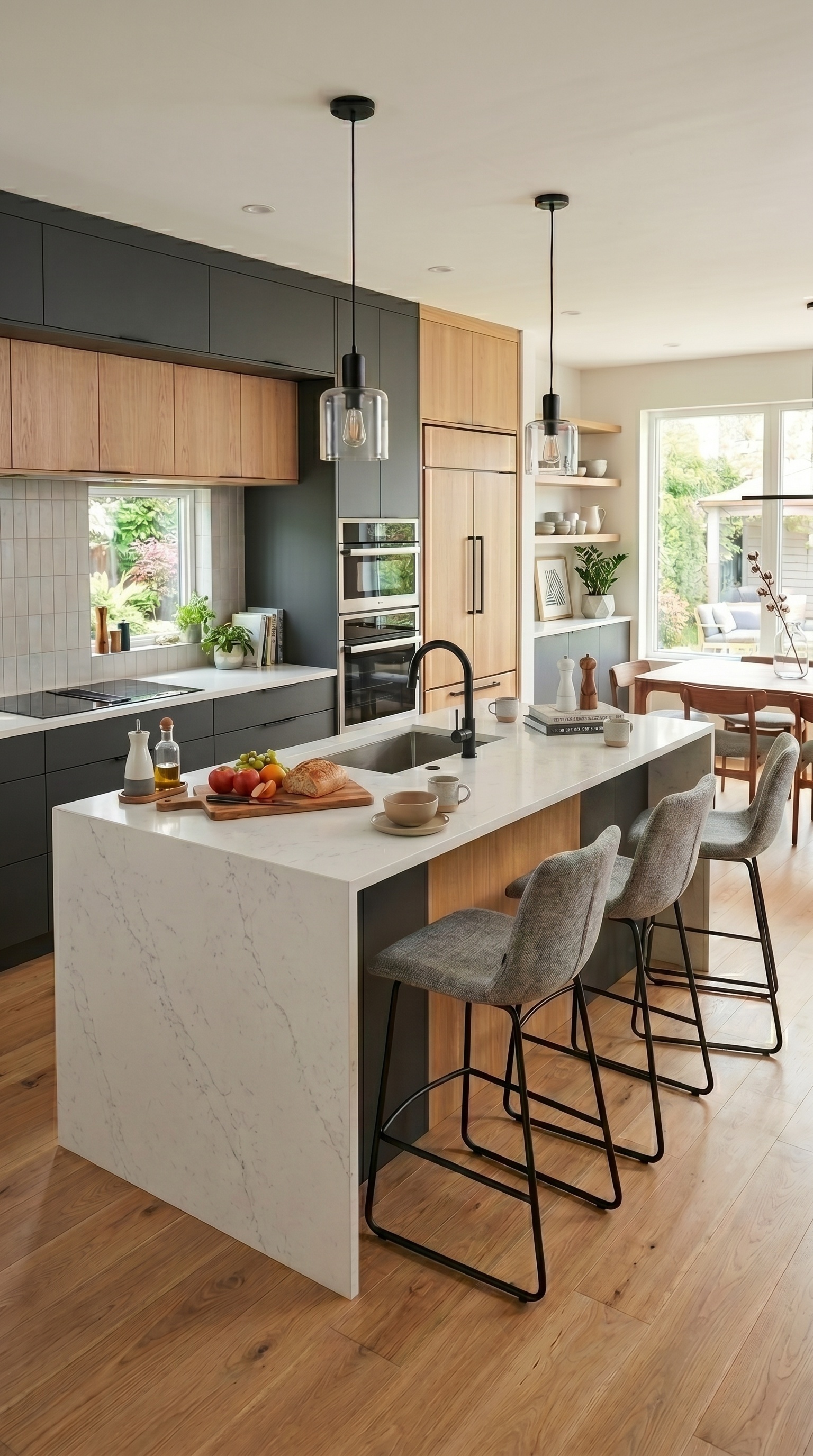 Modern Black and Wood Kitchen Ideas With Dining Set