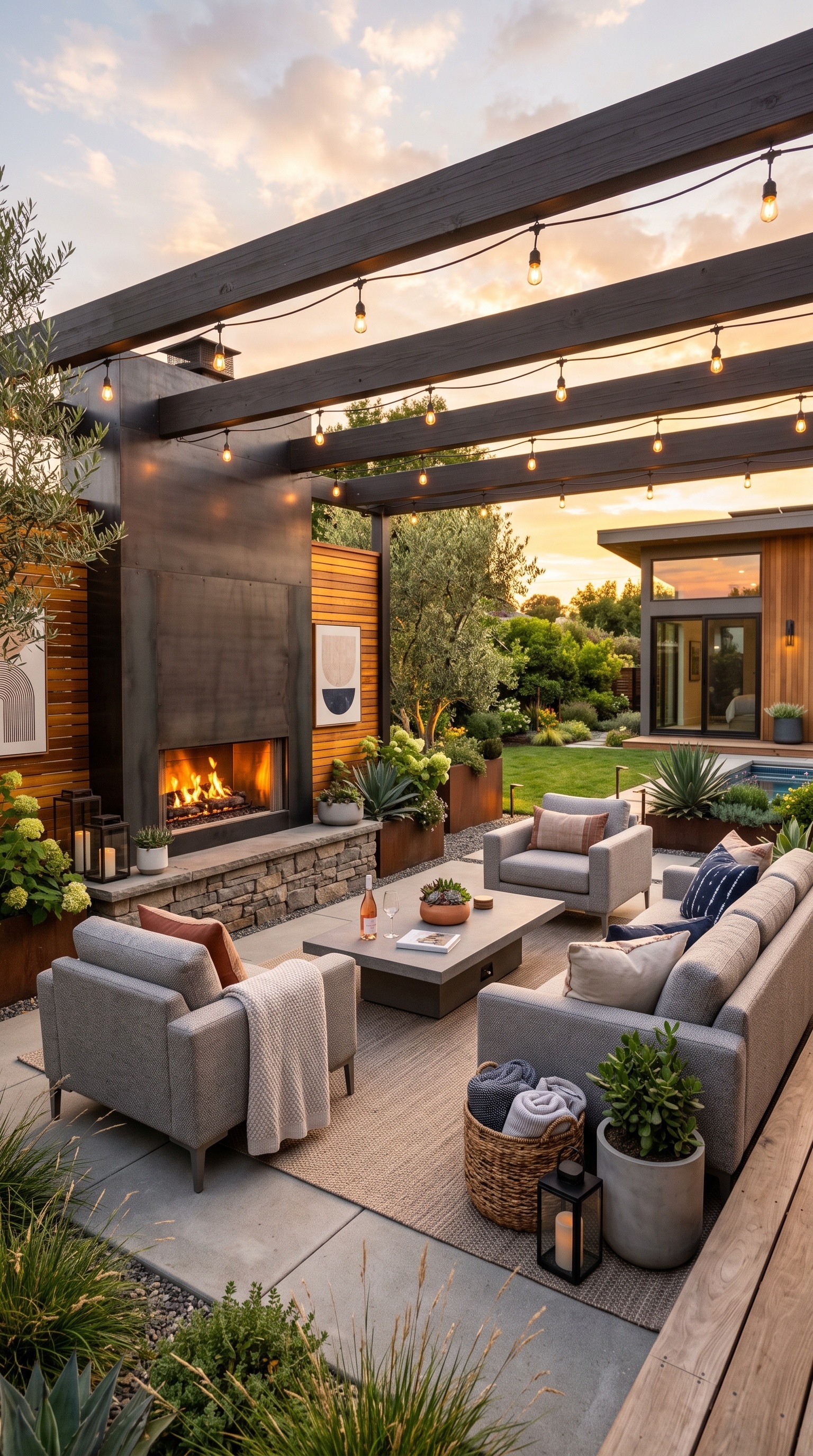Modern Backyard Patio Furniture Ideas | Luxury Outdoor Living Space with Fireplace