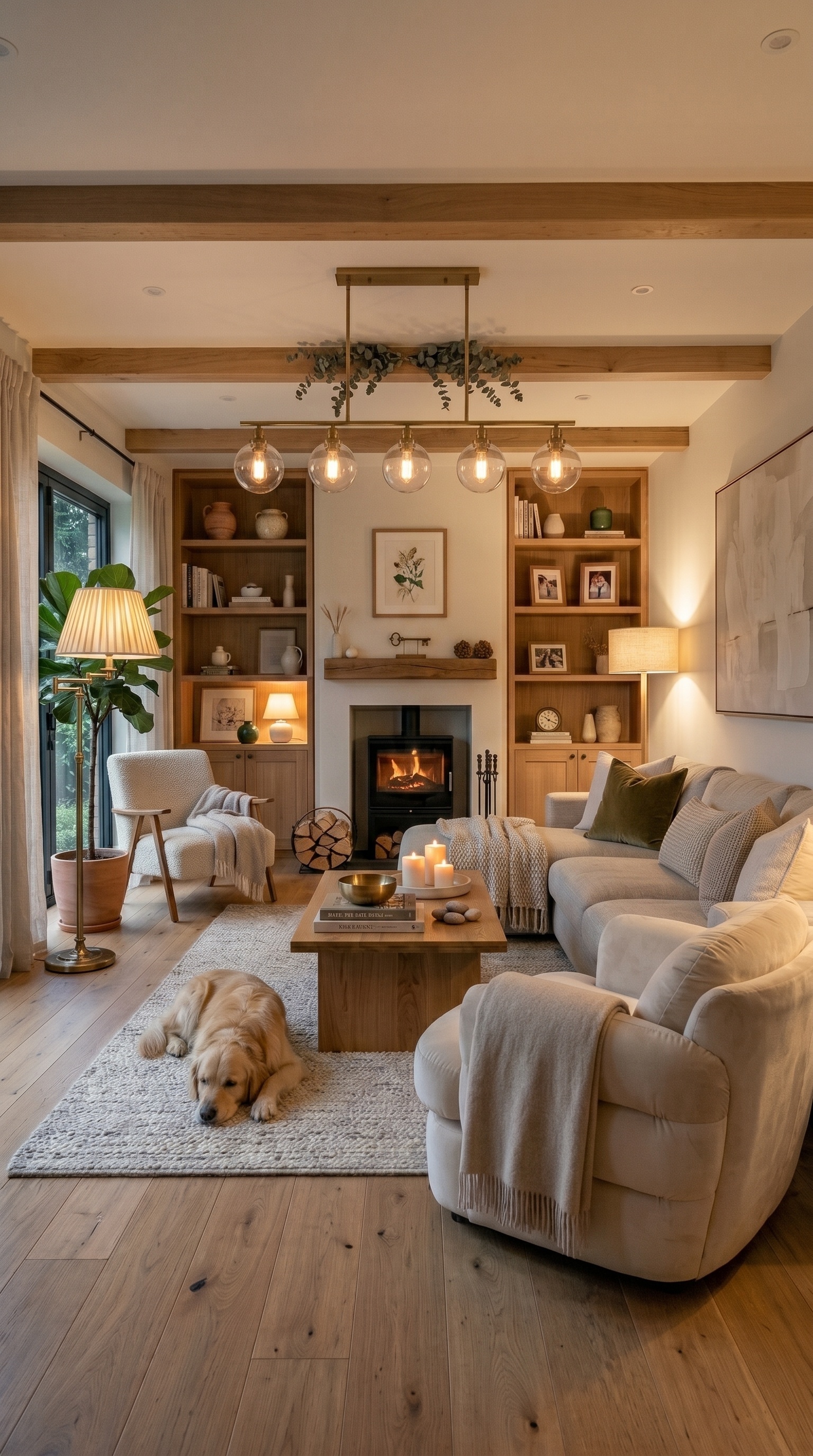 Modern Cozy Living Room with Cream Furniture & Warm Wood