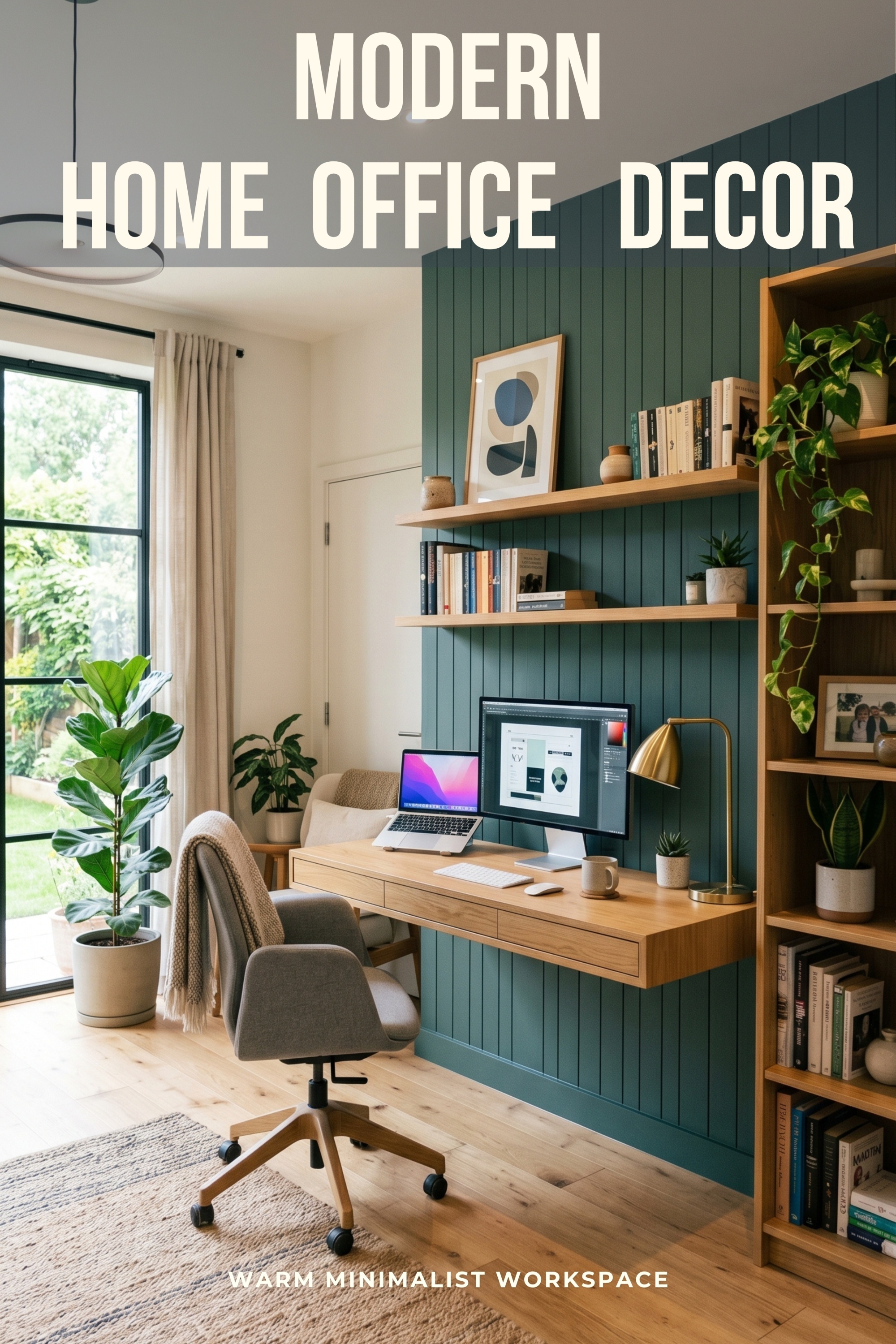 Modern Home Office Furniture Ideas with a Floating Desk & Bookshelves