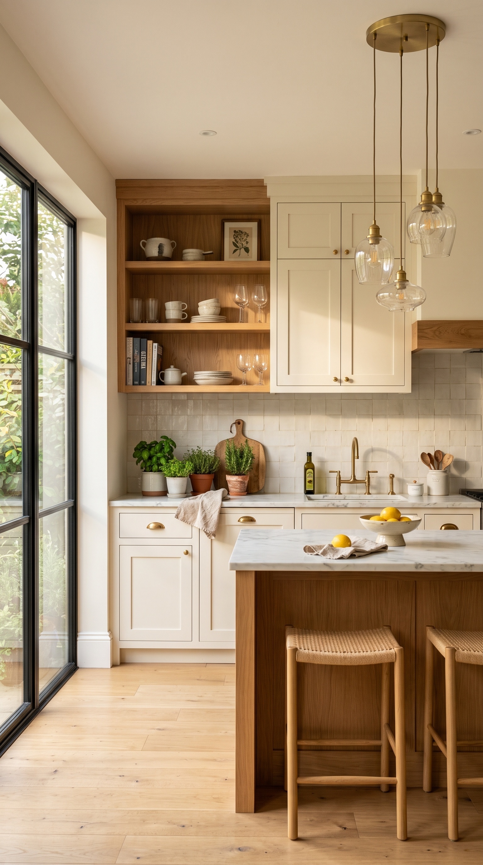 Warm Modern Kitchen Island Ideas with Wood Bar Stools & Brass Lighting