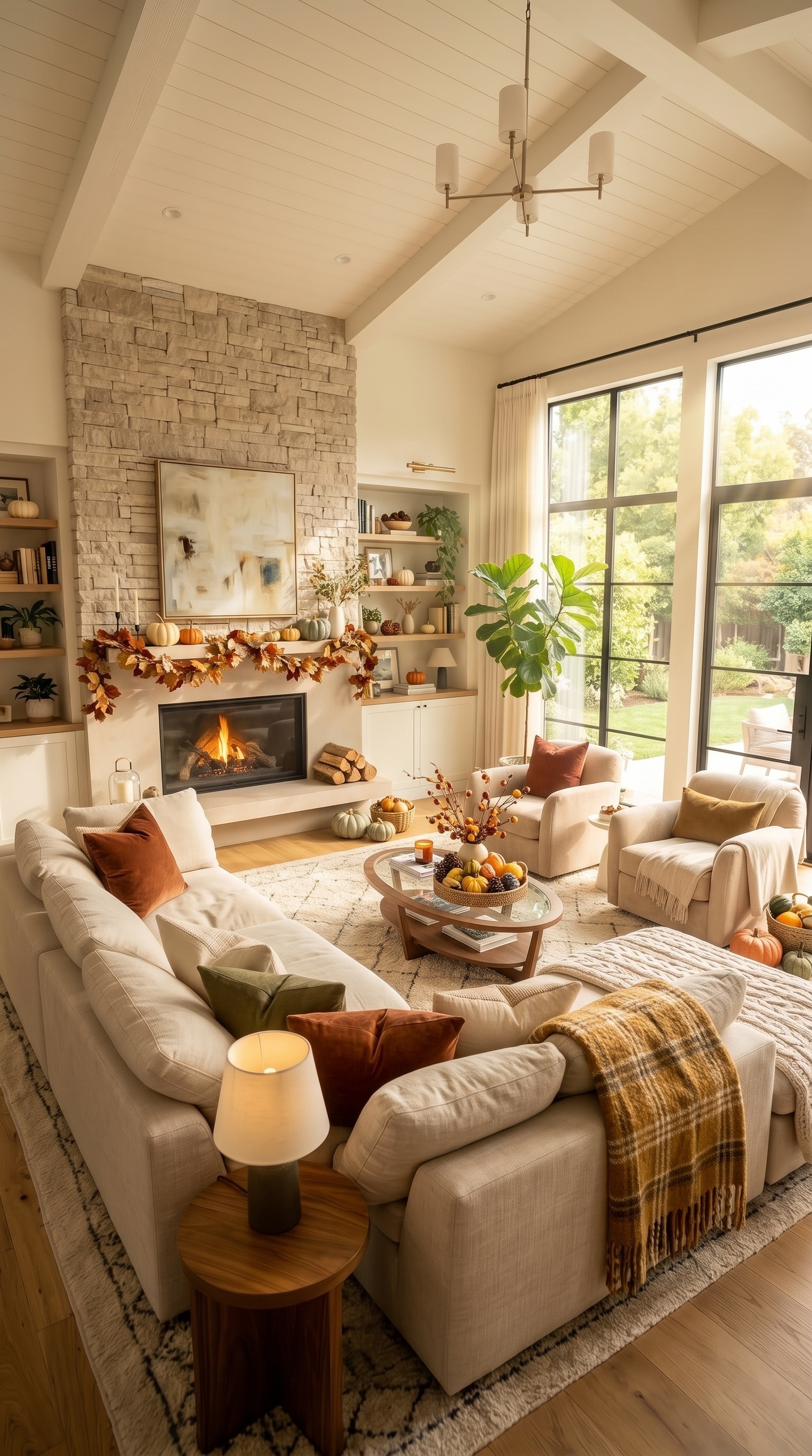 Cozy Neutral Living Room Furniture | Cream Sectional & Fireplace
