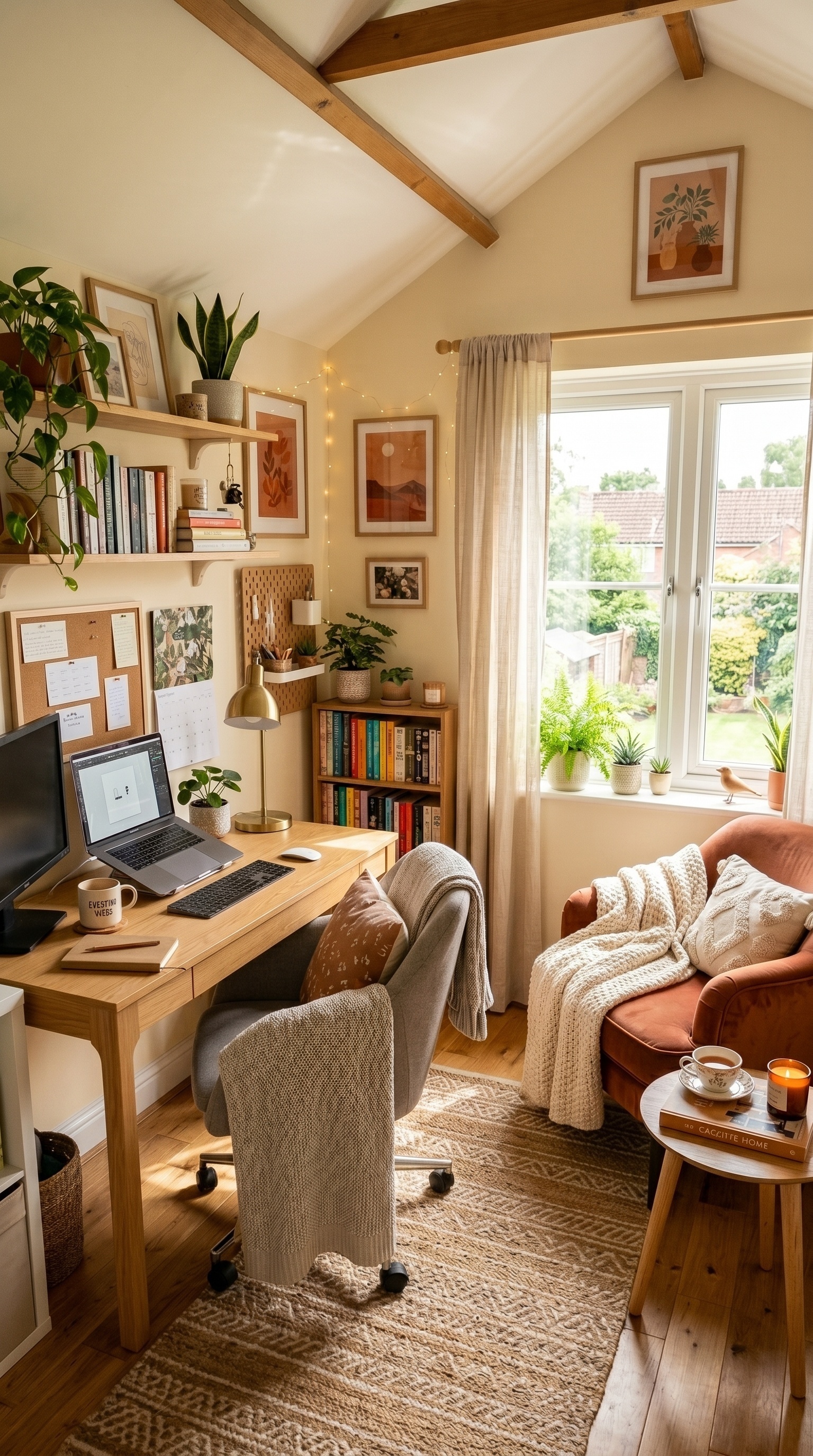 Cozy Home Office Furniture Ideas | Natural Wood Desk & Reading Nook