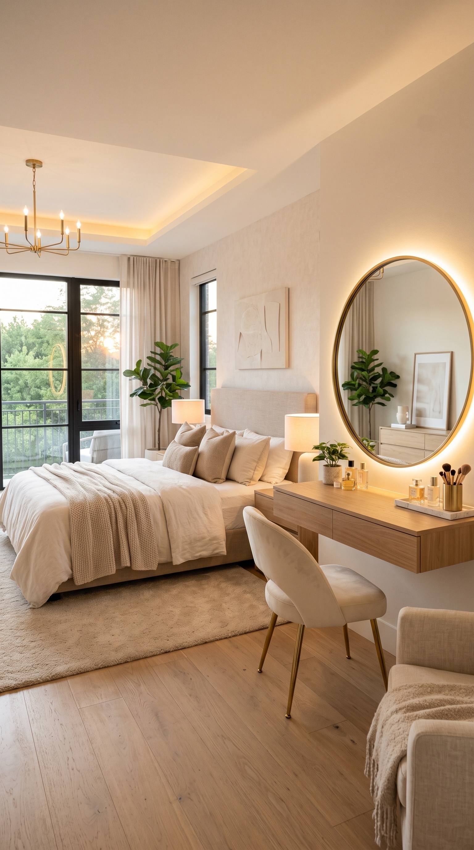 Warm Neutral Master Bedroom Furniture | Upholstered Bed & Vanity