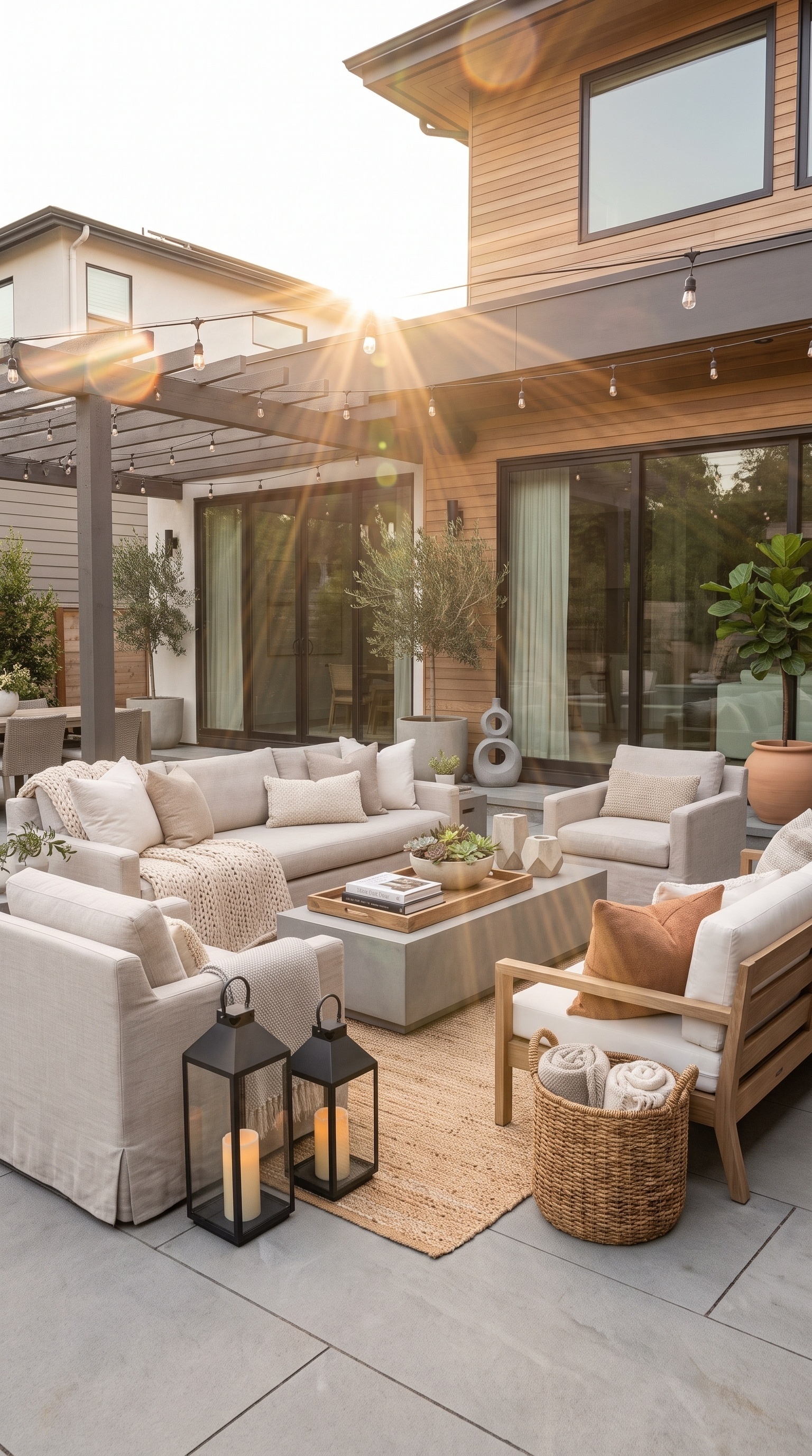 Warm Neutral Patio Decor | Cozy Backyard Lighting & Outdoor Styling