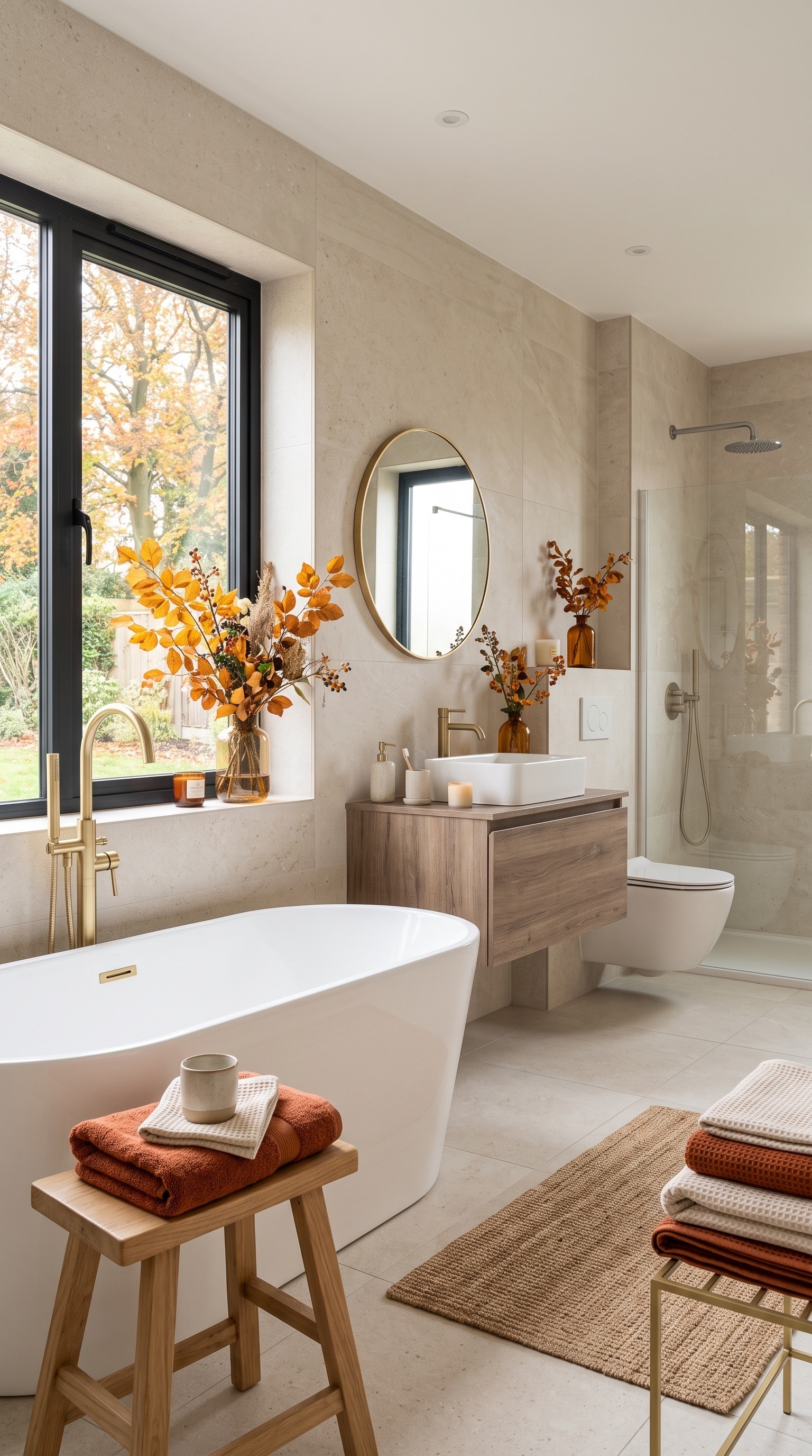 Warm Neutral Bathroom Design | Modern Spa Bathroom with Wood Vanity