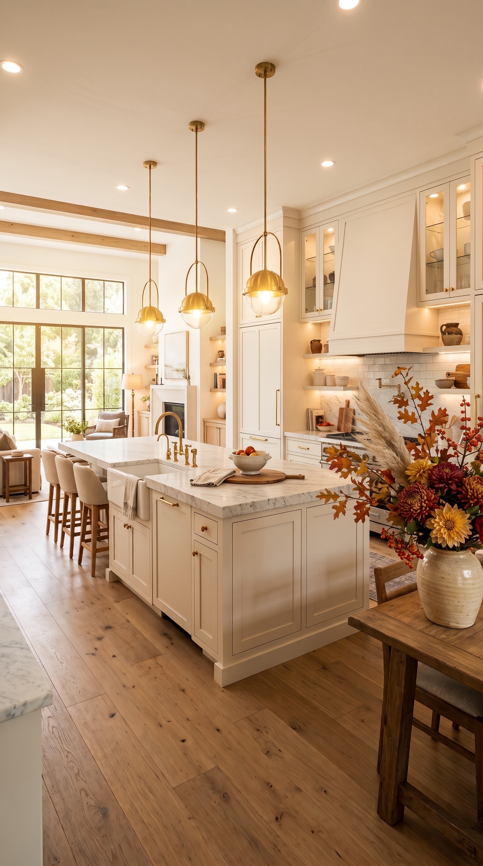 Warm Neutral Kitchen Furniture | Cream Cabinets, Island & Counter Stools